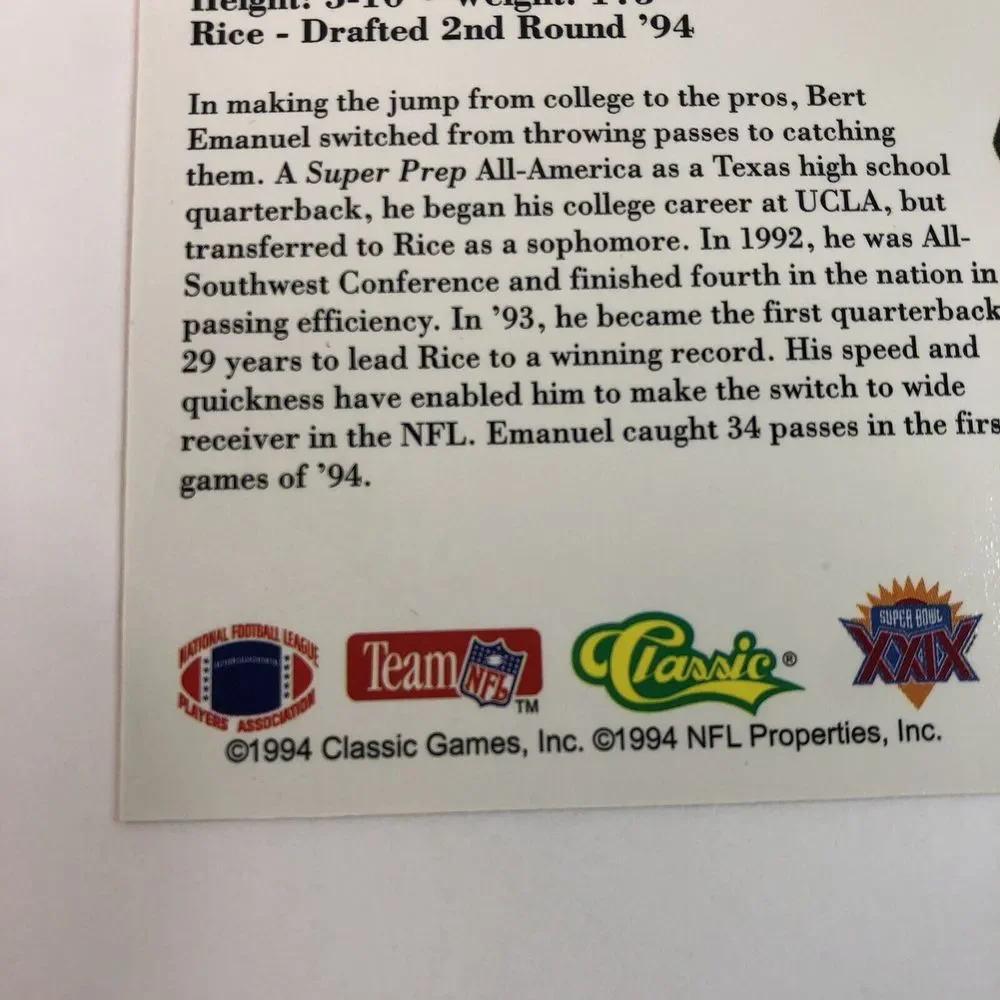 1994 Classic NFL Rookie Card BERT EMANUEL Atlanta Falcons, Super Bowl 29, Rare - Picture 7 of 10